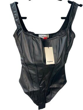 Popilush Shapewear Black Faux-Leather Bodysuit Built-in Bra Side Zip Size XS NWT